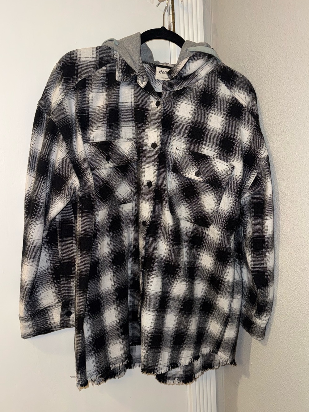 Black & White Plaid Hooded Flannel Shirt Jacket
